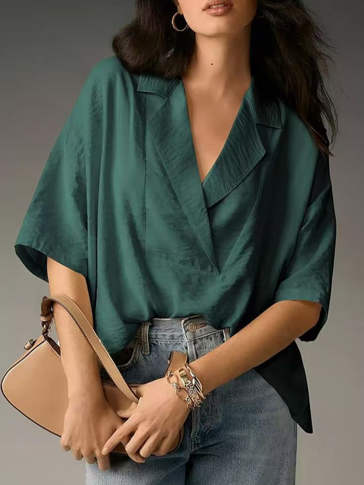 Women Casual Solid Color Lapel Short Sleeve Loose Blouse in Polyester