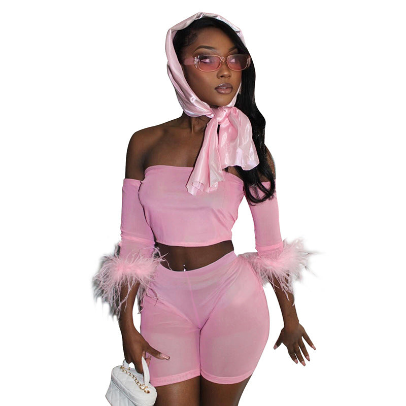 Ensemble deux pièces en peluche à épaules dénudées pour femme avec short et pantalon