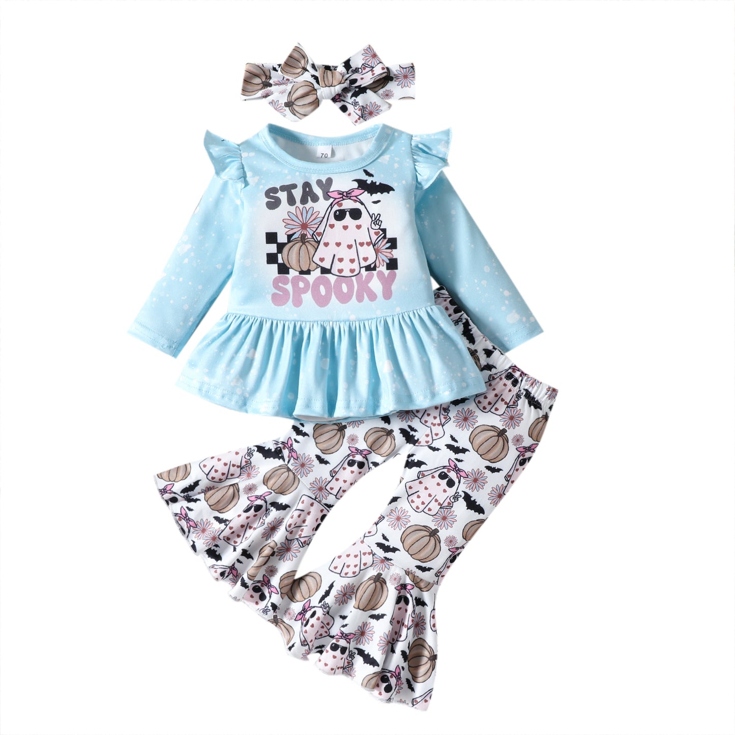 Conjunto de top y pantalones acampanados de manga larga con estampado de calabaza y letras de Halloween para niñas pequeñas