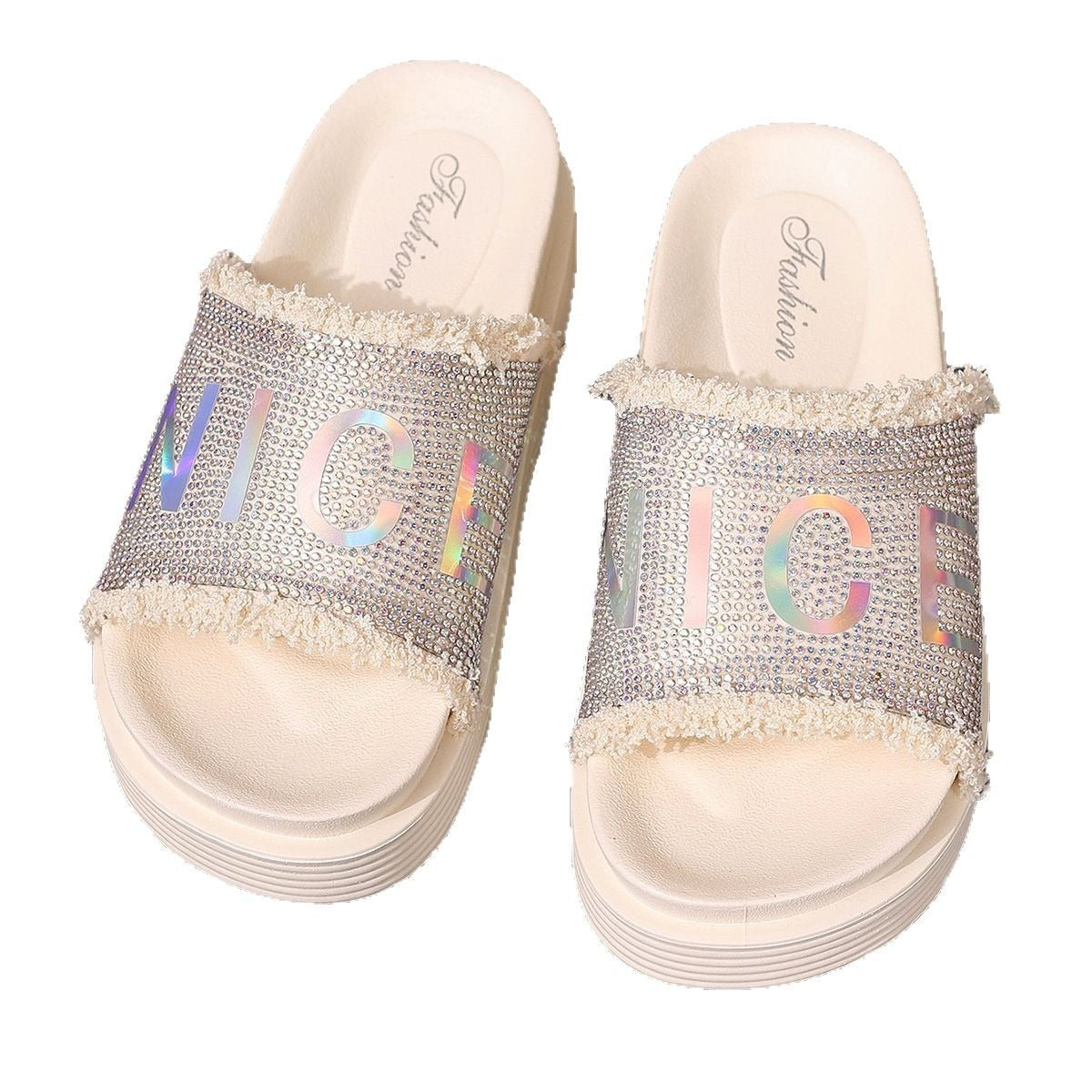 Pantuflas de plataforma con diamantes de imitación y punta redonda