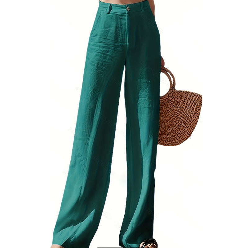 Pantalones casuales de algodón y lino de color liso para mujer, pierna ancha y cintura alta