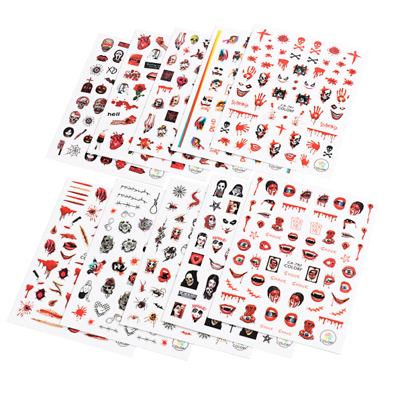 Autocollants adhésifs pour ongles Motif tête de mort et sorcière rouge pour Halloween