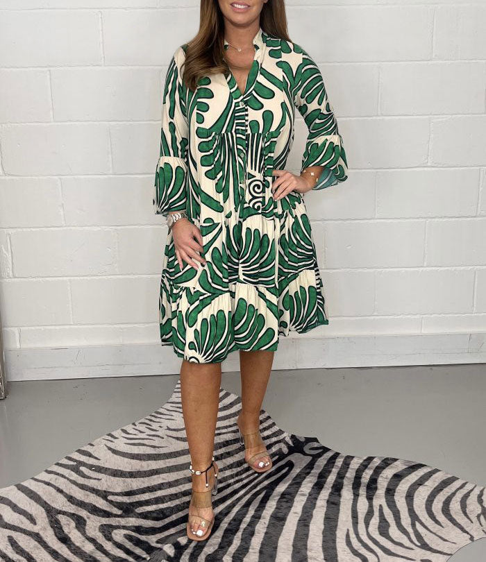 Vestido camisero holgado con cuello en V y estampado gráfico bohemio informal para mujer