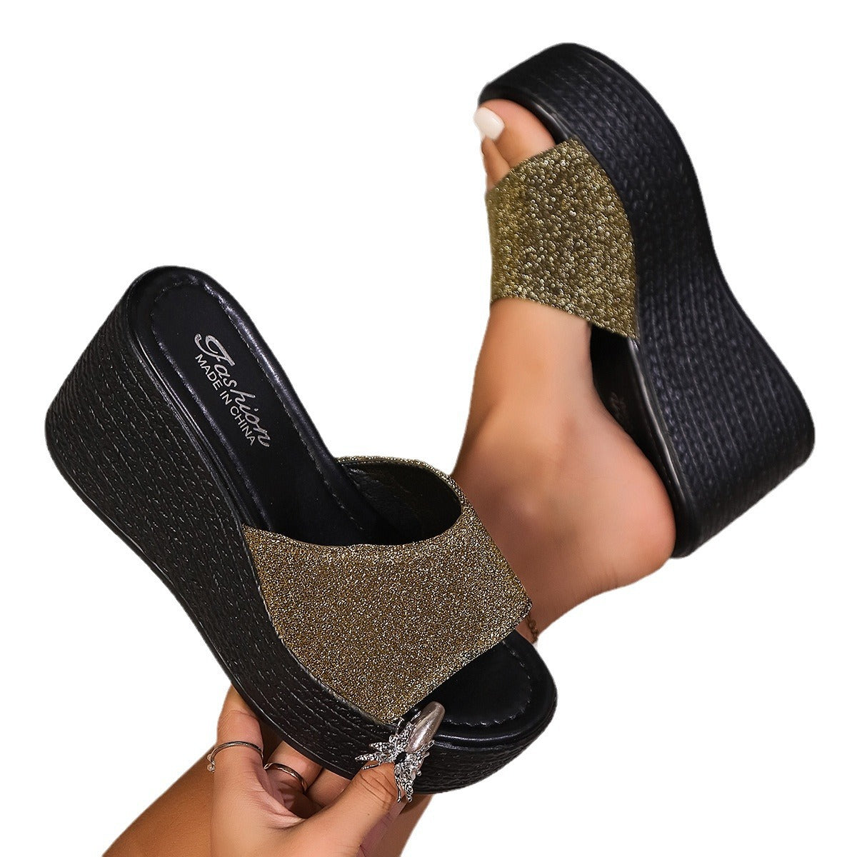 Chaussons compensés à talons super hauts pailletés grande taille