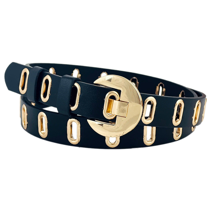Ceinture décorative à œillets métalliques ajourés pour femme en cuir PU