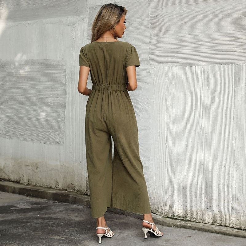 Mono informal de verano de algodón y lino con pierna ancha para mujer