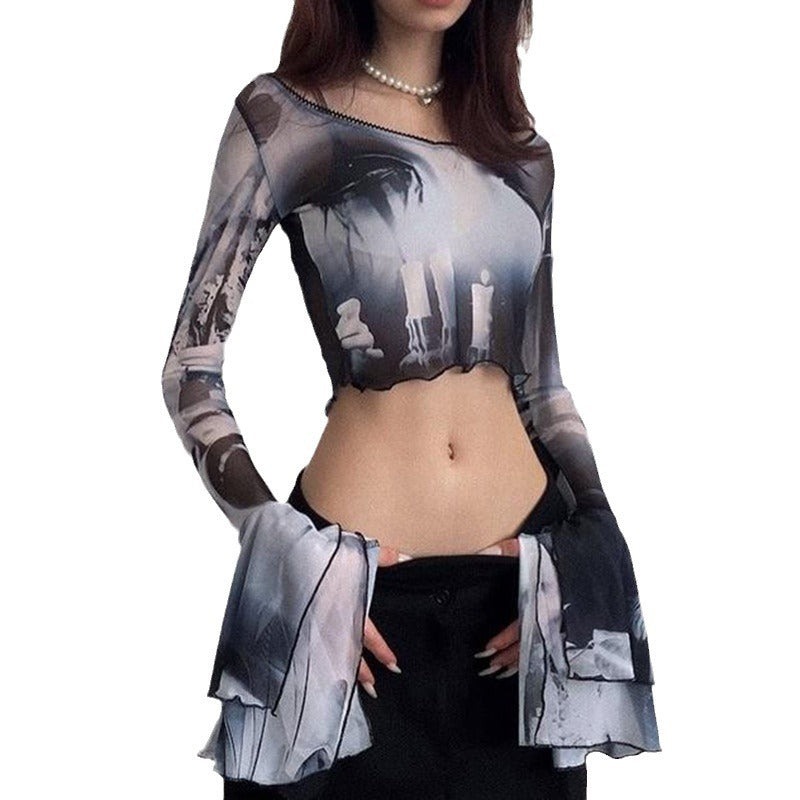 Gothic Mesh Pullover Crop Top Long Sleeve See-Through Slim-Fit