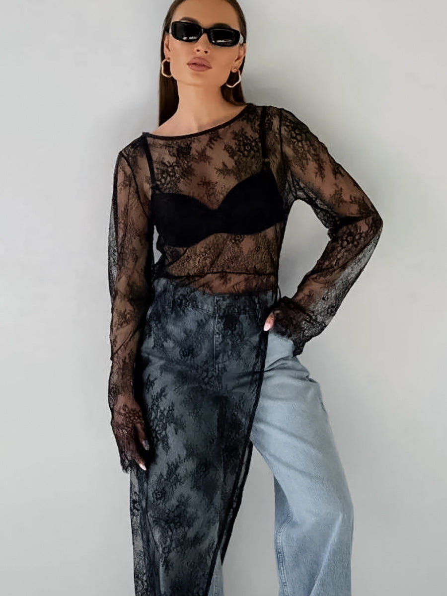 Women Fashion Sexy Perspective Lace Long Sleeve Dress