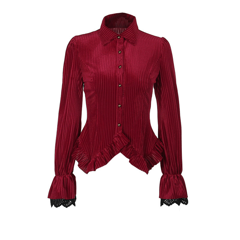 Gothic Casual Velvet Stripe Long-Sleeve Blouse