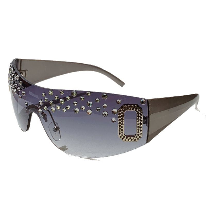 Gafas de sol de moda sin marco de un solo cuerpo con diamantes de imitación