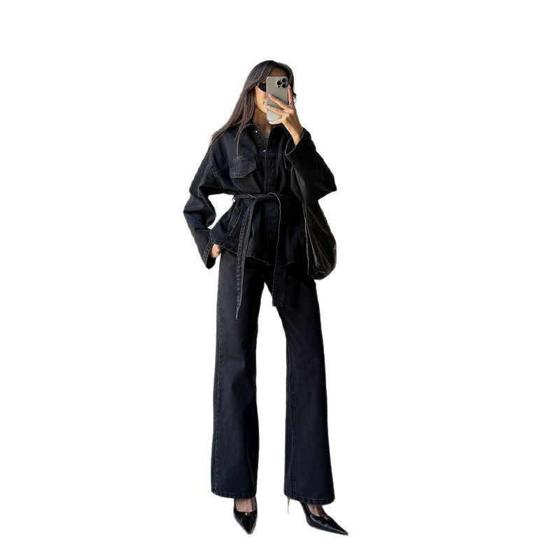 Conjunto de dos piezas de abrigo informal de mezclilla de color liso con mangas largas para mujer