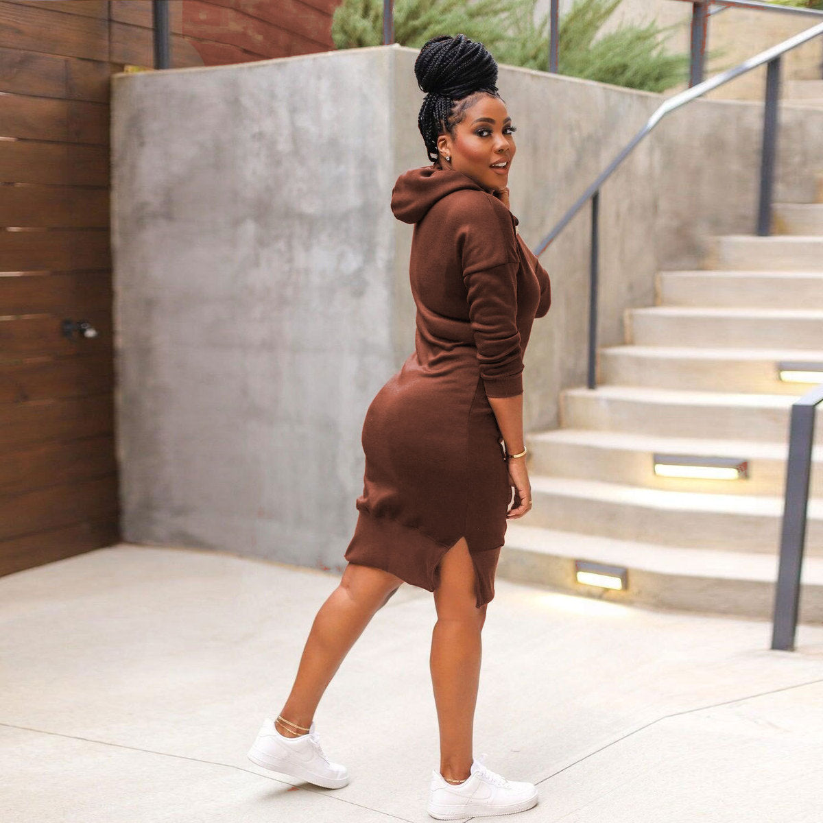 Women Fashion Solid Color Hooded Long Sleeve Dress
