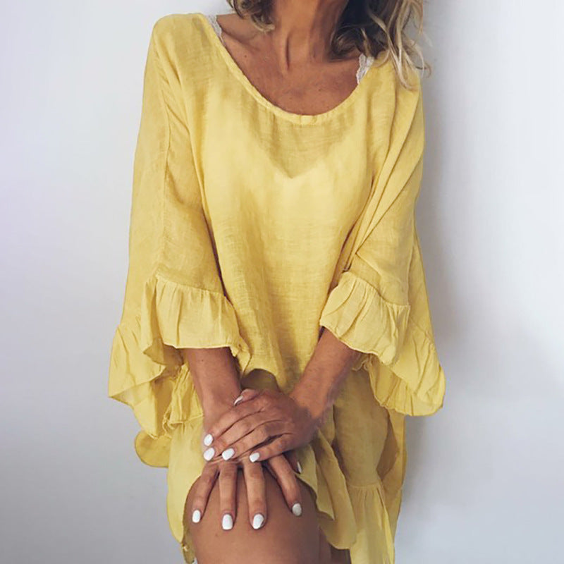 Women Solid Color Stitching Ruffle Sleeves Dress