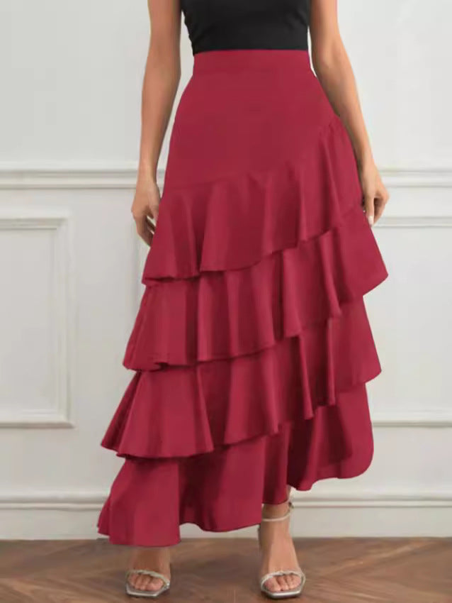 Women Fashion Casual Solid Color Ruffled High Waist Skirt