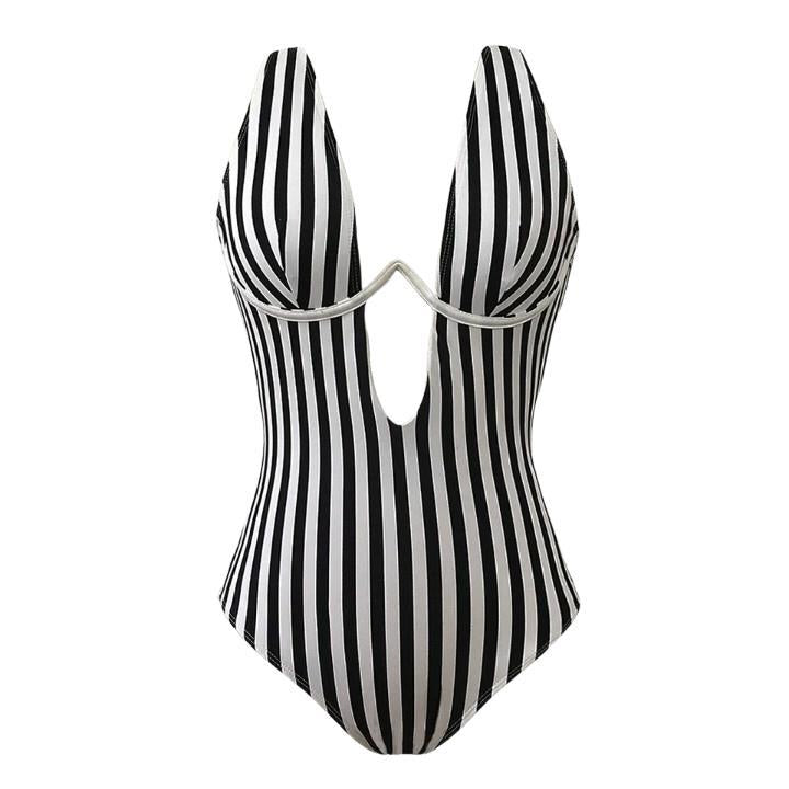 Traje de baño sexy con estampado de rayas en V profundo para mujer