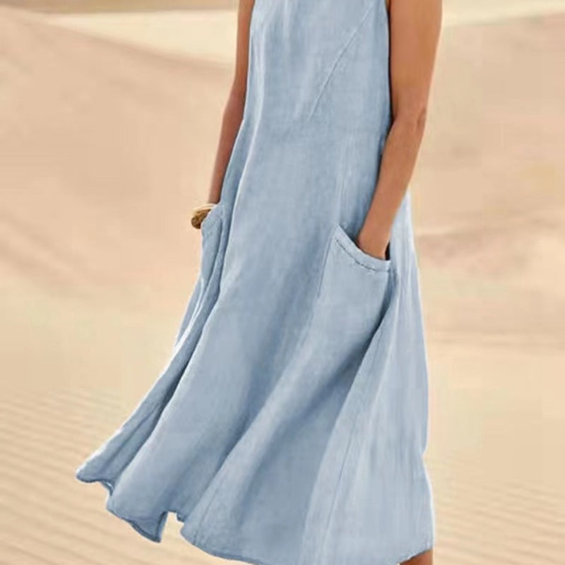 Robe d'été décontractée en lin de couleur unie pour femme