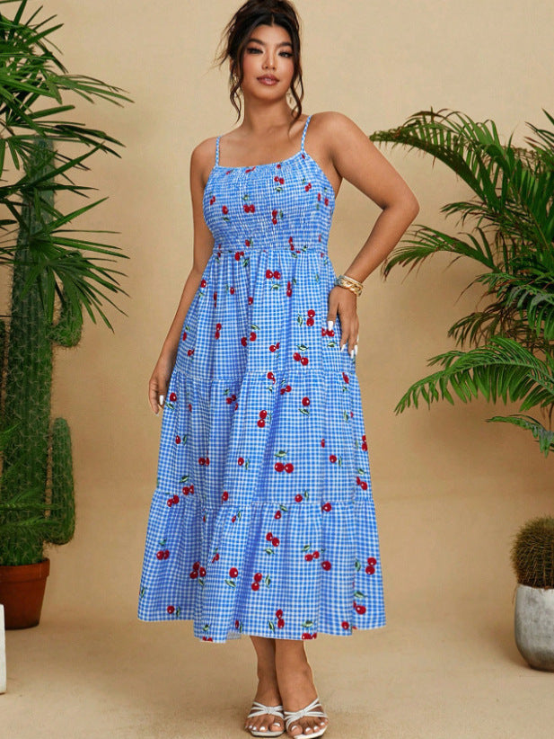 Women Sexy Cherry Plaid Spaghetti Strap Dress - Stylish Summer Flare