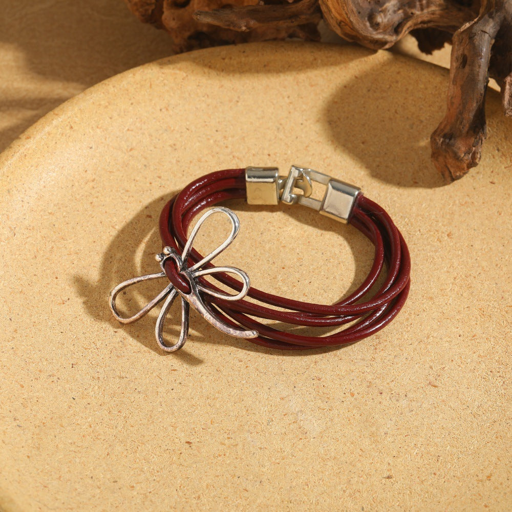 Women Fashion Retro Craft Rope Multi Layer Alloy Hollow Dragonfly Bracelet