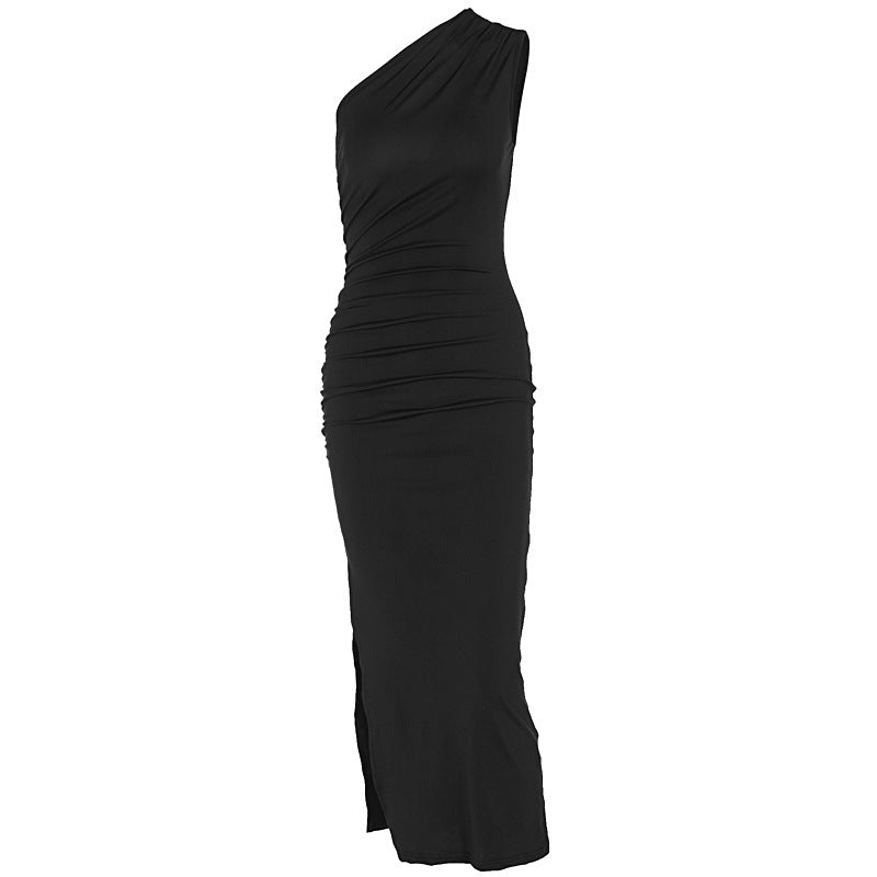 Women Fashion Sexy Solid Color Slant Shoulder Dress