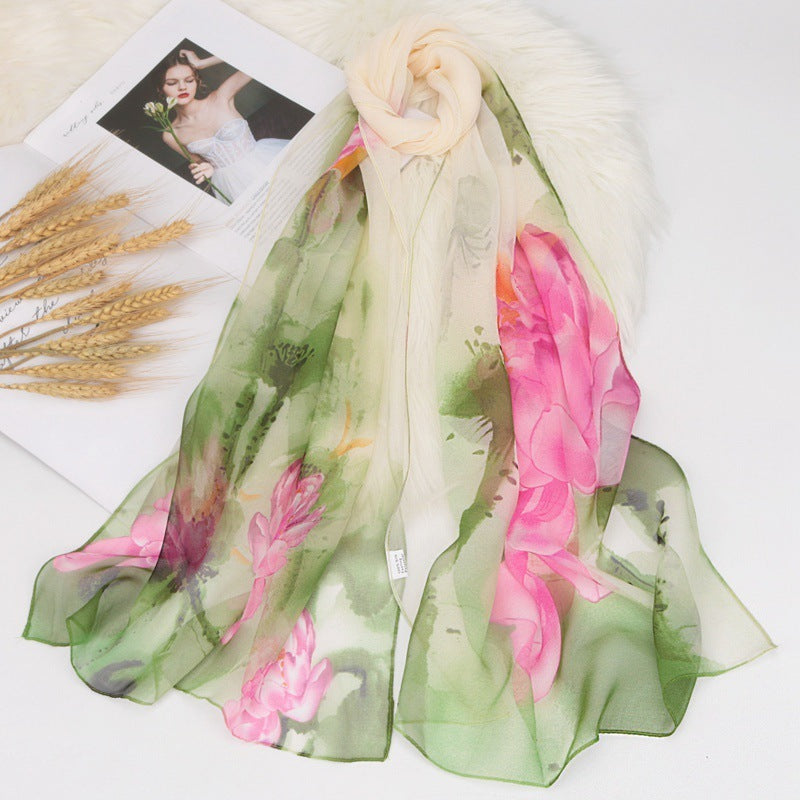 Bufanda elegante de gasa con estampado de flor de loto para mujer