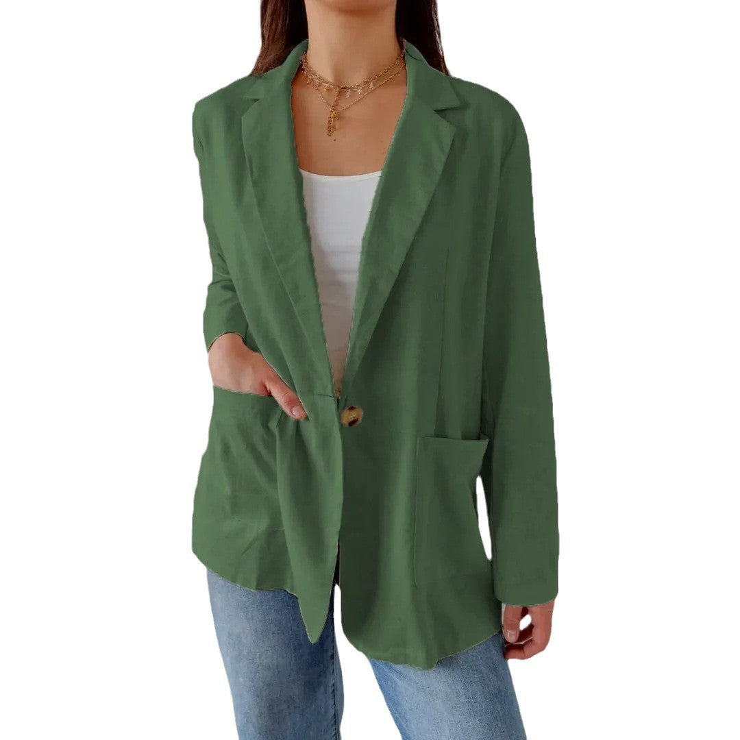 Women Casual Solid Color Cotton And Linen Blazer