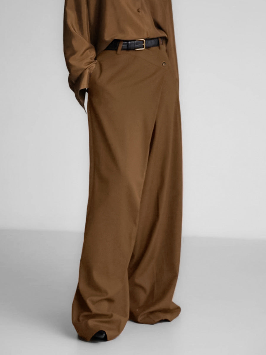 Pantalones casuales de cintura alta y pierna ancha para mujer en poliéster