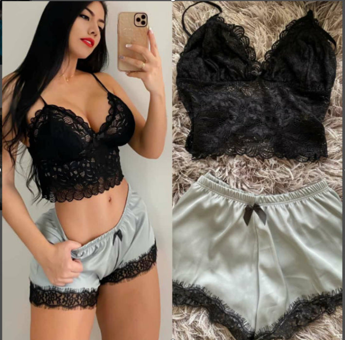 Women's Fashion Comfortable Casual Lace Satin Pajama Suit