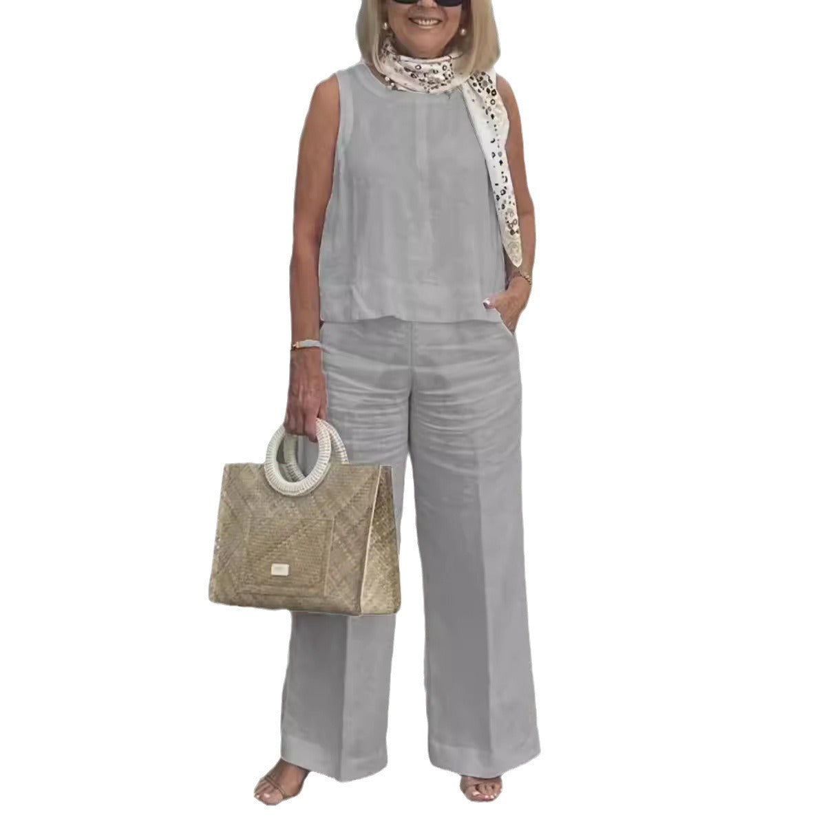 Women Summer Cotton Linen Sleeveless Plus Size Set