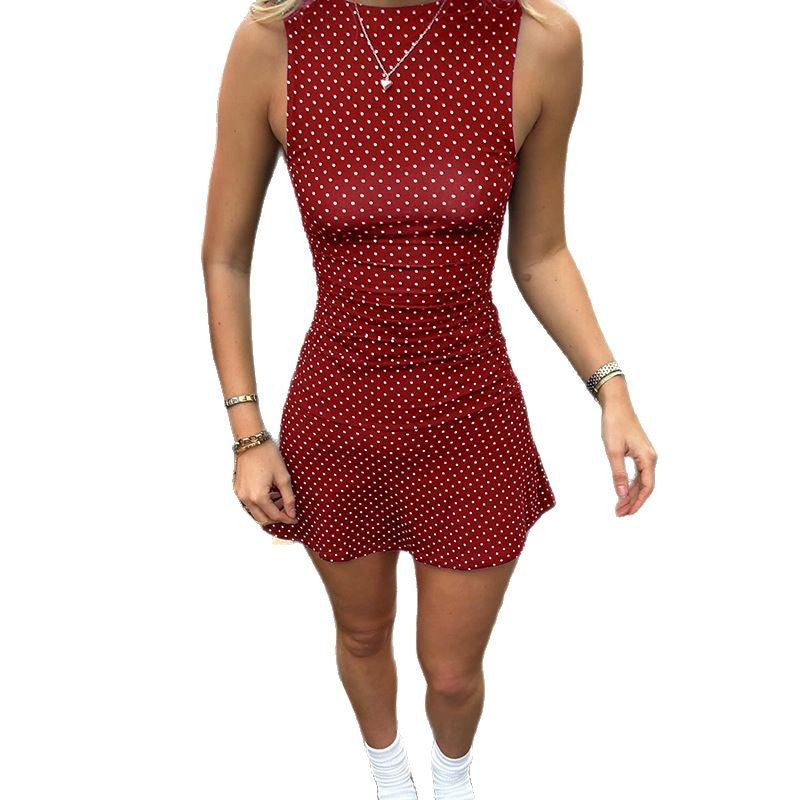 Women Fashion Sexy Dot Print Round Neck Dress