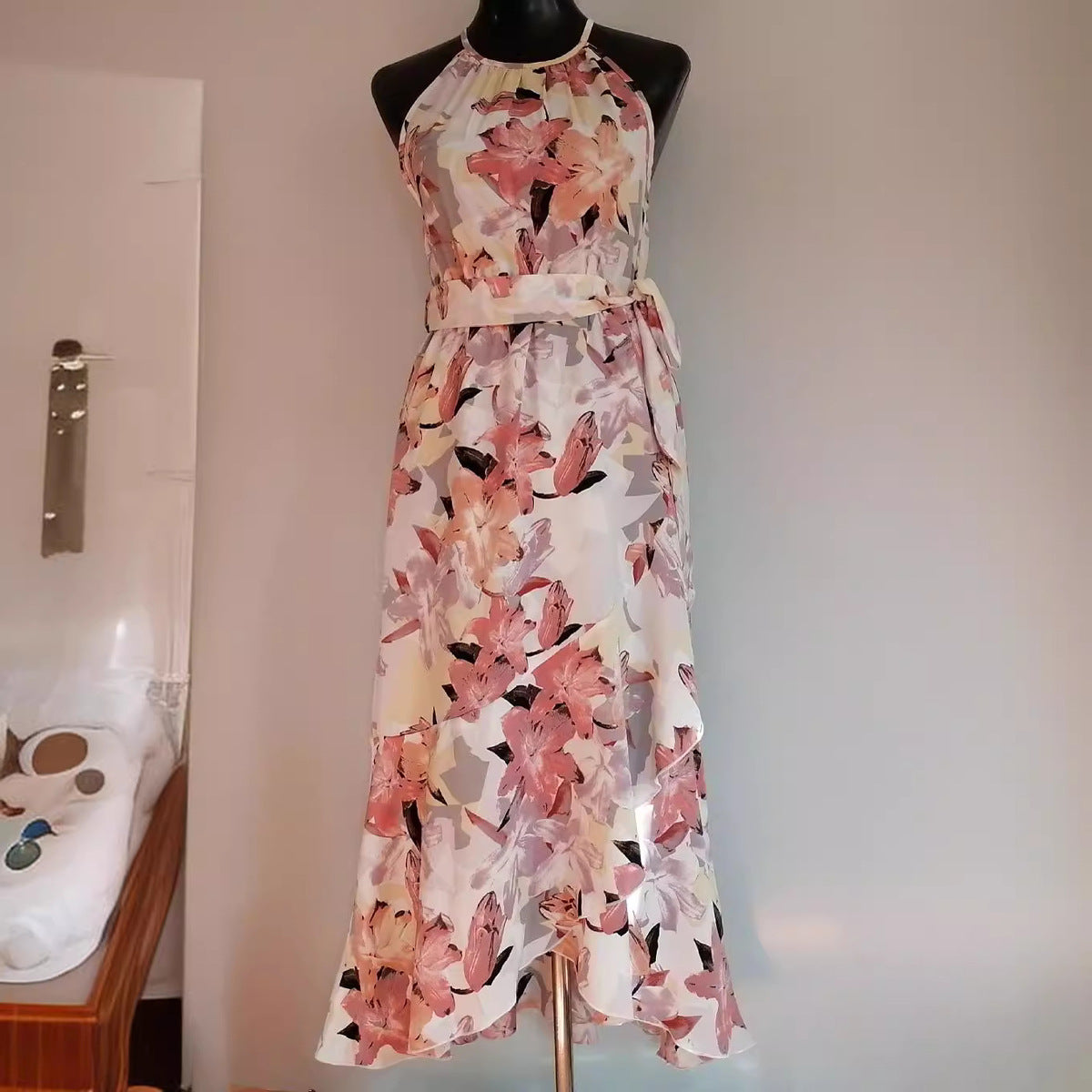 Vacation Fashion Floral Print Women Casual Ruffled Halter Dress