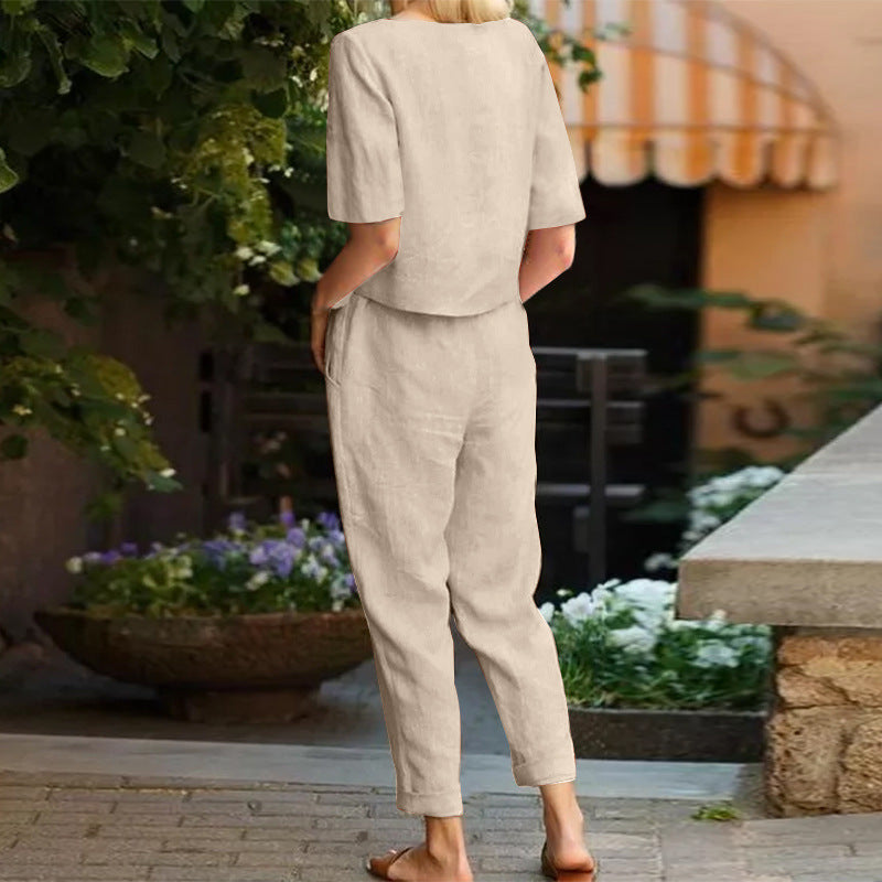 Women Casual Solid Color Cotton And Linen Pants Set