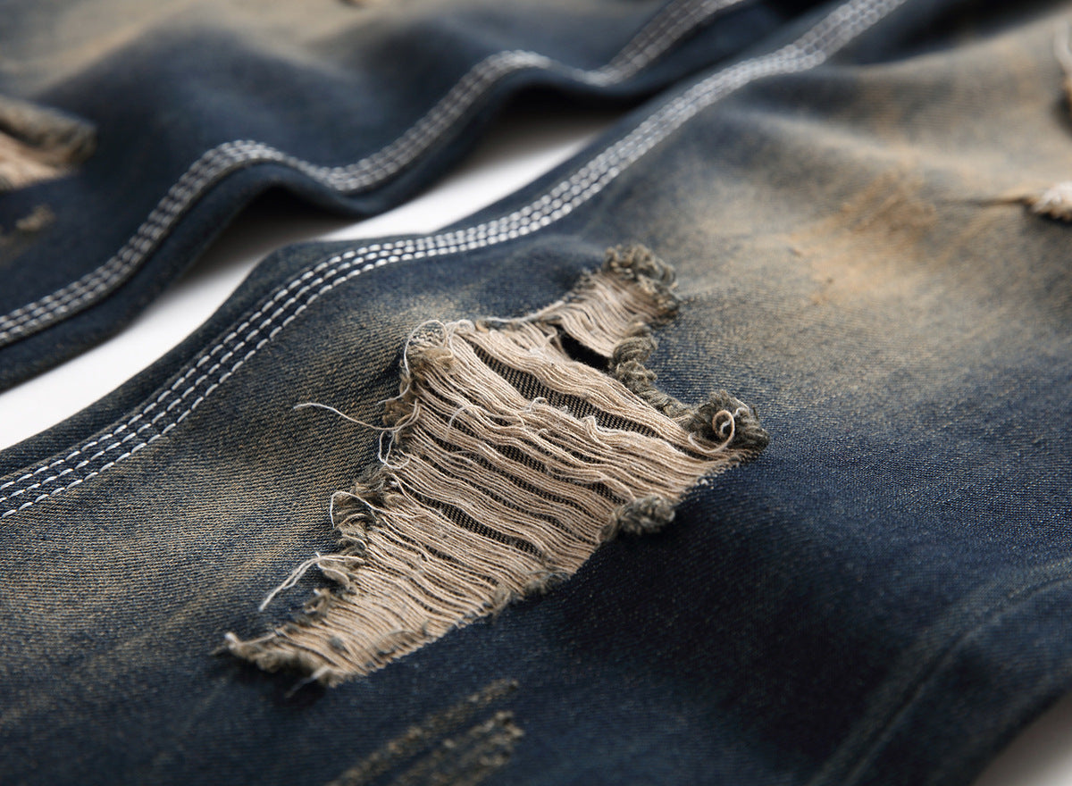 Men Casual Ripped Straight Slim Fit Cotton Jeans