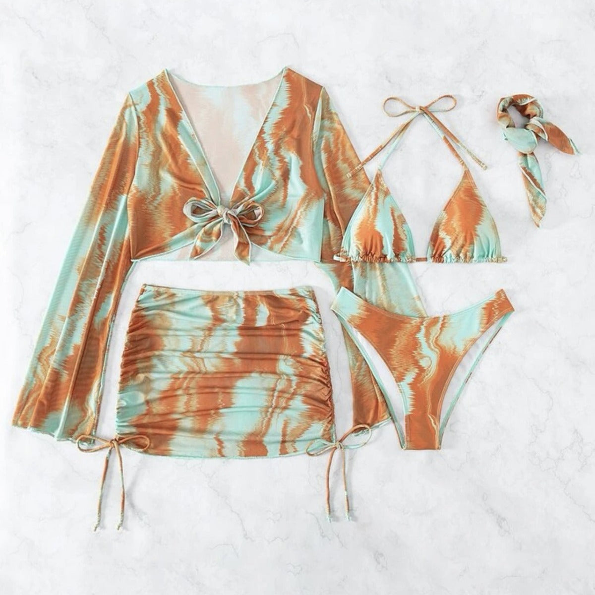 Conjunto de bikini de cinco piezas para mujer con estampado tie-dye para vacaciones de verano