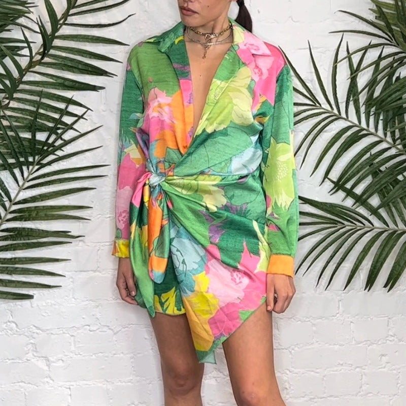 Women Fashion Multicolor Print Lantern Sleeve Dress