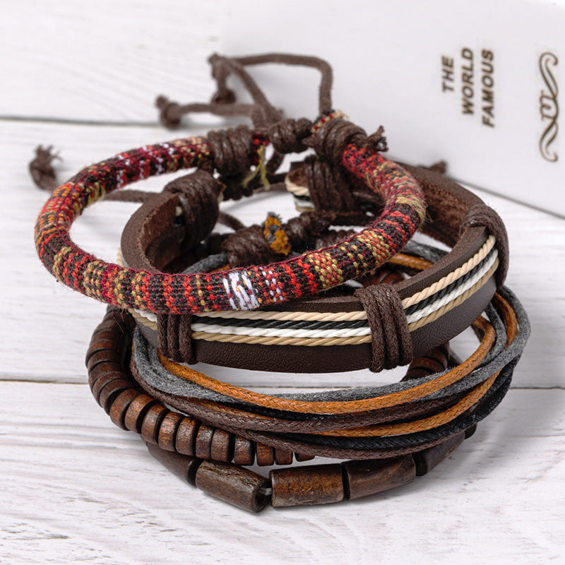 Vintage Woven Wooden Beads Wax Rope Bracelet - Unisex Retro Style