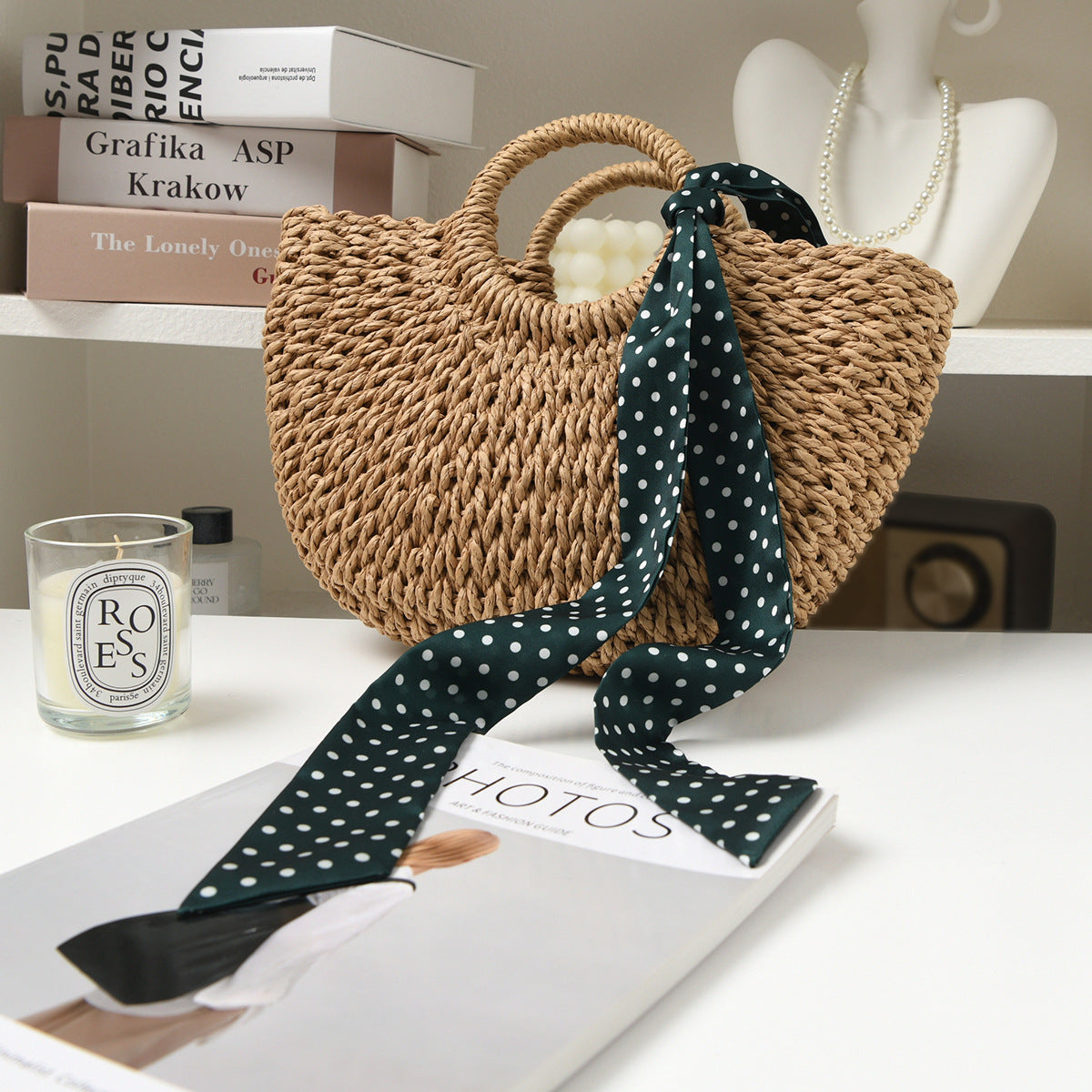Pañuelo de seda con asa para bolso con estampado de lunares de moda