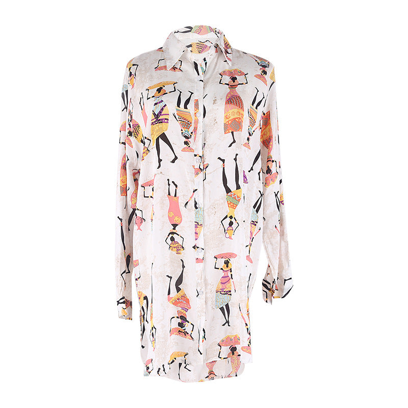 Women Fashion Cartoon Pattern Lapel Long-Sleeve Cover-Up