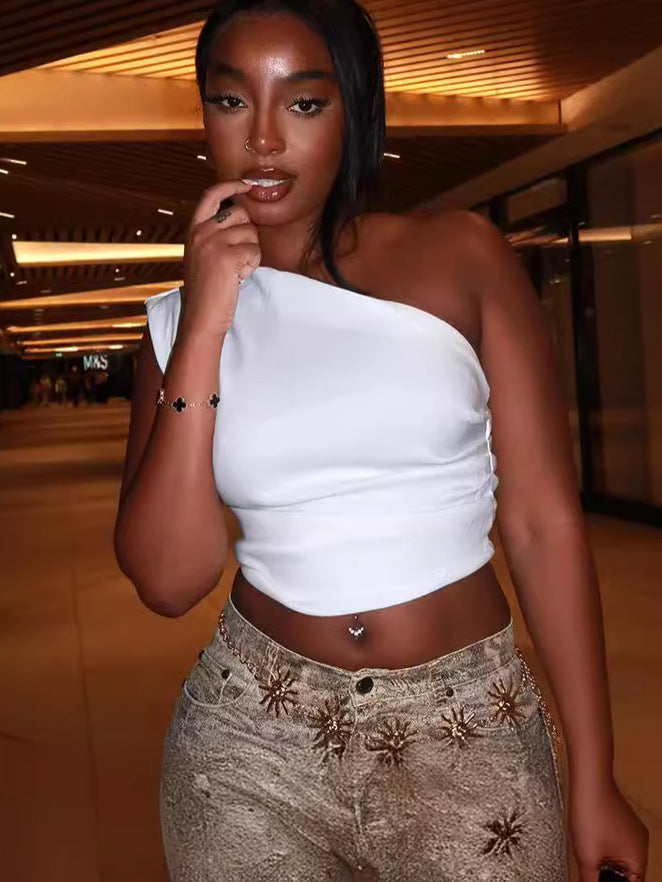 Women Fashion Sexy Solid Color Single Shoulder Crop Top