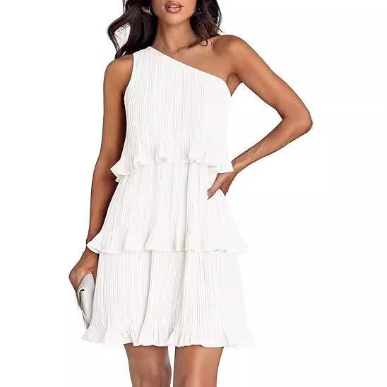 Women Fashion Sexy Solid Color Spliced Ruffled Dress