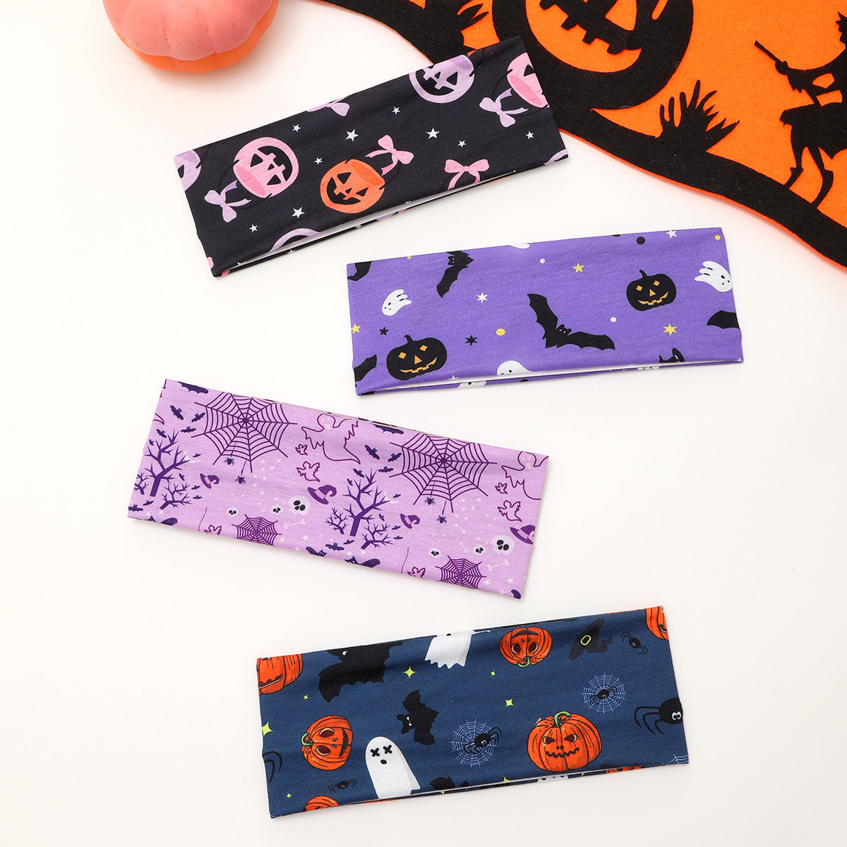 Bandeau de yoga pour cheveux en tissu éponge motif crâne d'Halloween, citrouille et toile d'araignée