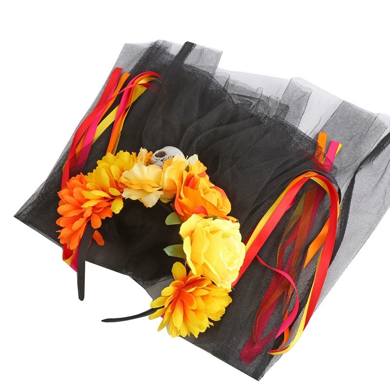 Bandeau de style sombre avec tête de mort et motif floral pour Halloween