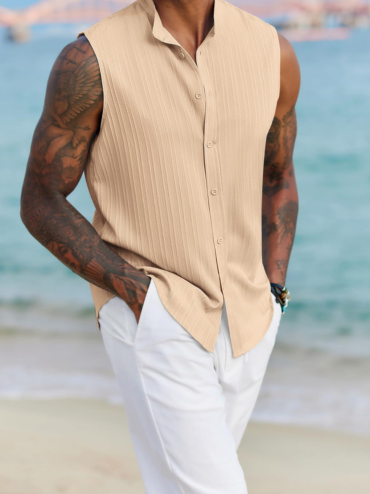 Men's Casual Sleeveless Button-Up Shirt in Solid Colors