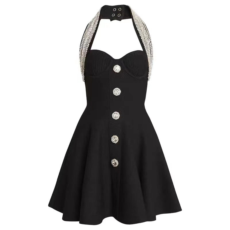 Women Fashion Elegant Rhinestone Halter-Neck Dress