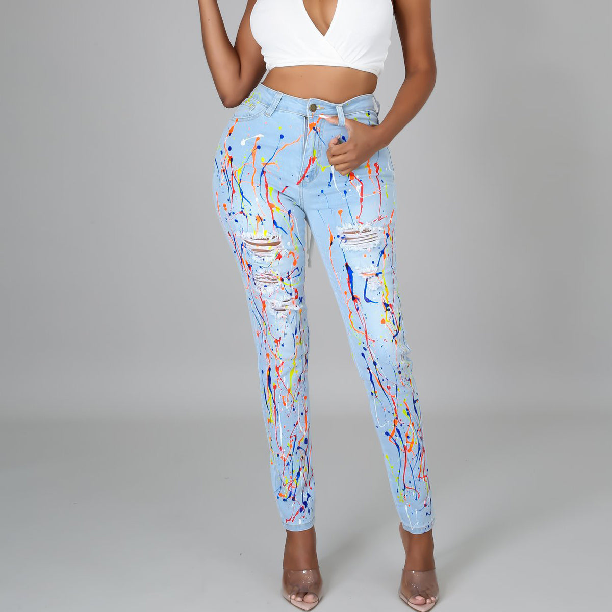 Vaqueros de algodón rasgados con estampado multicolor informal para mujer