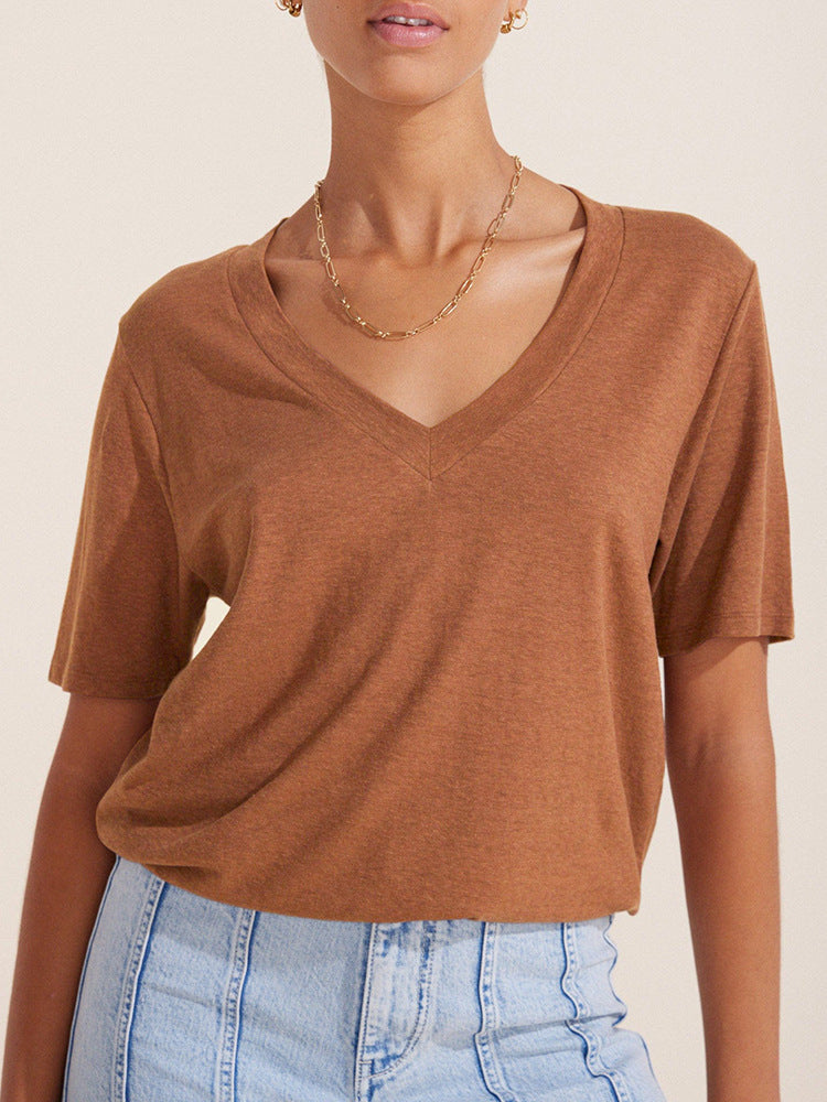 Women Casual Basic Short Sleeve V Neck Solid Color Blank T-Shirt