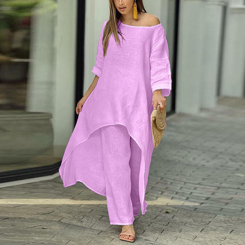 Women Fashion Casual Solid Color Cotton Linen Set