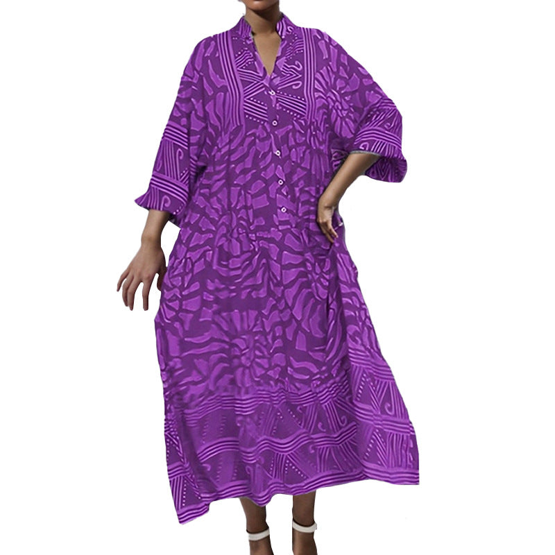 Vestido informal de talla grande con cuello en V y manga larga para mujer