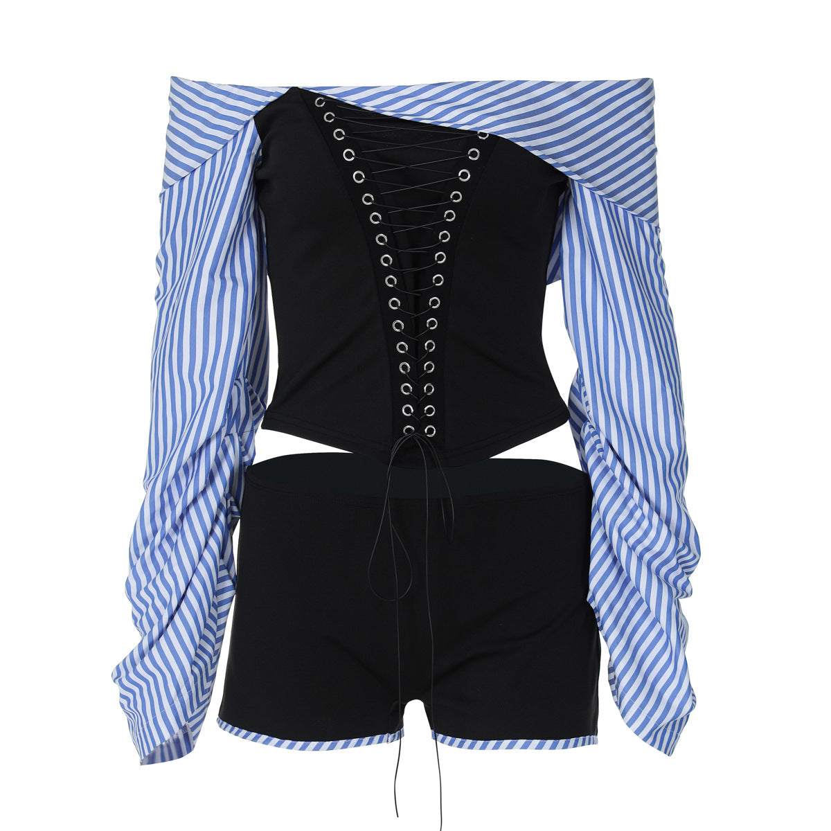 Conjunto de dos piezas de rayas con hombros descubiertos para mujer con pantalones cortos y camiseta de manga larga