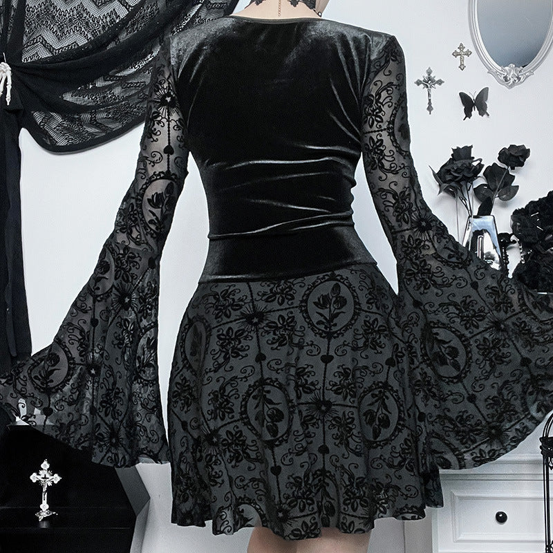 Robe floquée à manches longues de style gothique pour femme