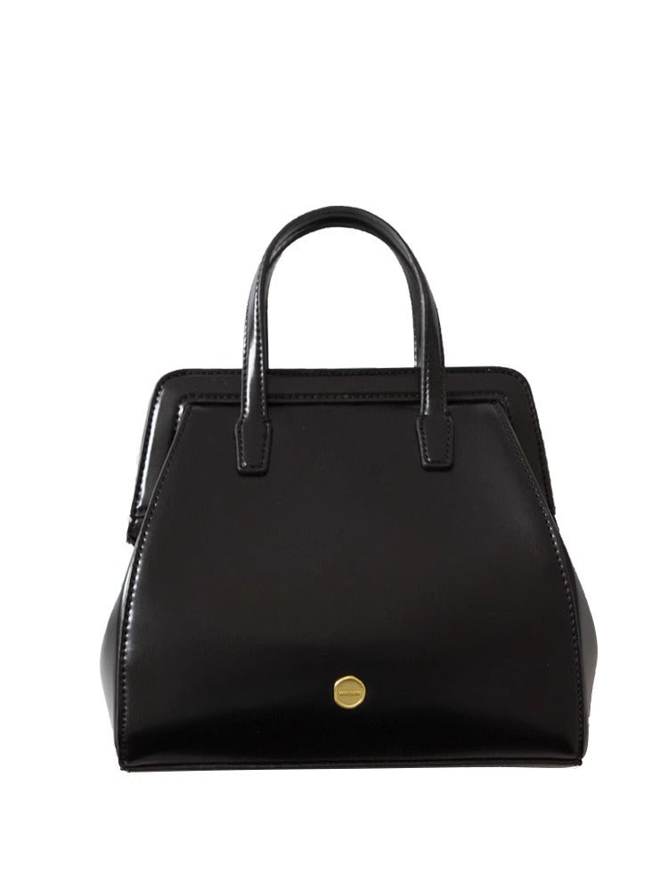 Bolso de mano retro informal de piel encerada negra para mujer